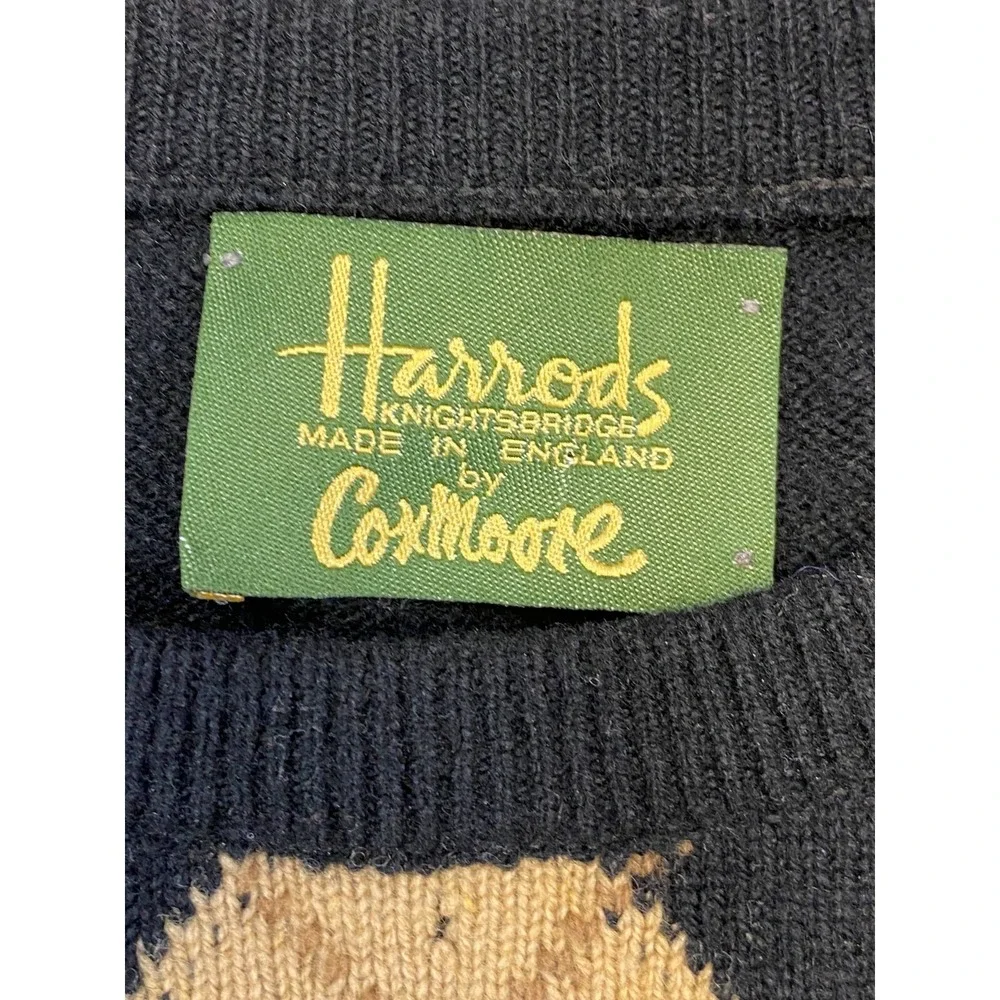 Harrods Knightsbridge Sweater Mens Medium Black Knit Wool Argyle Preppy Academia